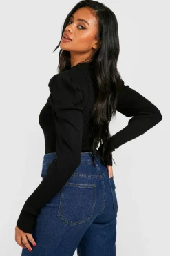 Knitted Tops*boohoo Puff Sleeve Crew Neck Knitted Bodysuit black