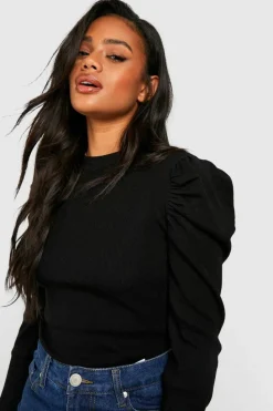 Knitted Tops*boohoo Puff Sleeve Crew Neck Knitted Bodysuit black