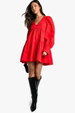 Smock Dresses*boohoo Puff Sleeve Tie Smock Dress red