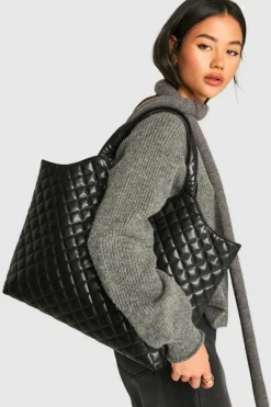 Shoulder Bags|Handbags*boohoo Quilted Leather Look Shopper Tote Bag black