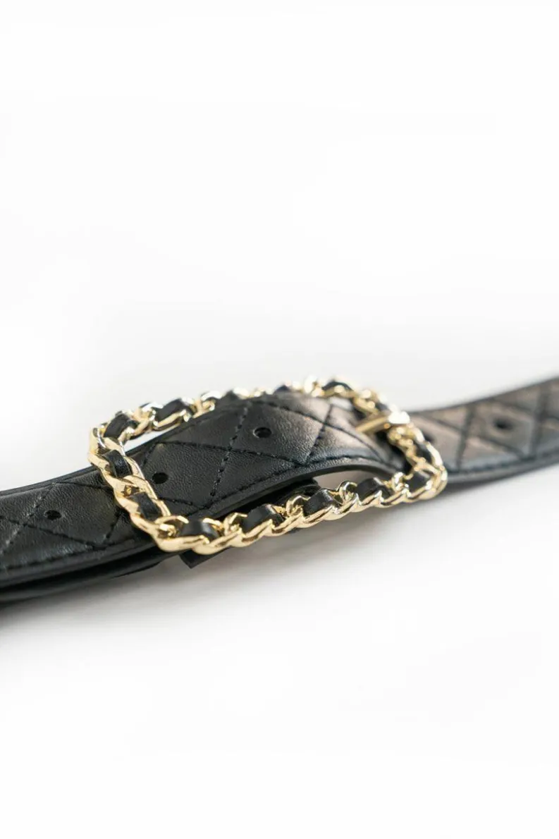Belts*My Accessories London Quilted Waist and Hip Belt with Chain Buckle Detail Black