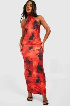 Bodycon Dresses|Maxi Dresses*boohoo Racer Neck Printed Slinky Maxi Dress red