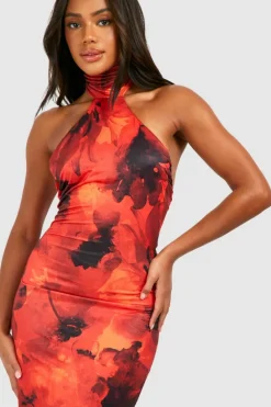Bodycon Dresses|Maxi Dresses*boohoo Racer Neck Printed Slinky Maxi Dress red