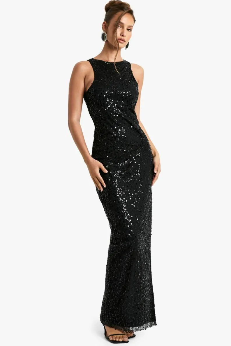 Maxi Dresses*boohoo Racer Neck Sequin Maxi Dress black