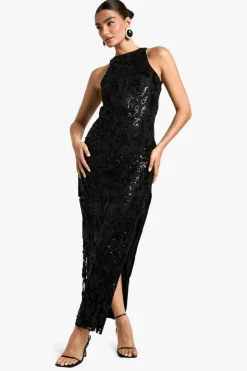 Maxi Dresses*boohoo Racer Neck Velvet Lace Demask Maxi Dress black