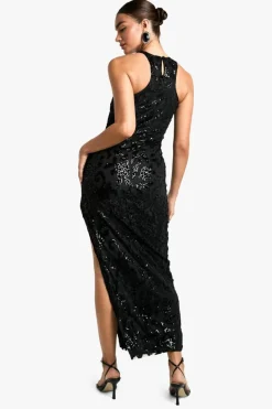 Maxi Dresses*boohoo Racer Neck Velvet Lace Demask Maxi Dress black