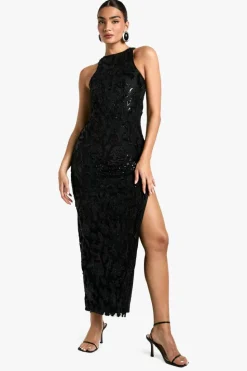 Maxi Dresses*boohoo Racer Neck Velvet Lace Demask Maxi Dress black