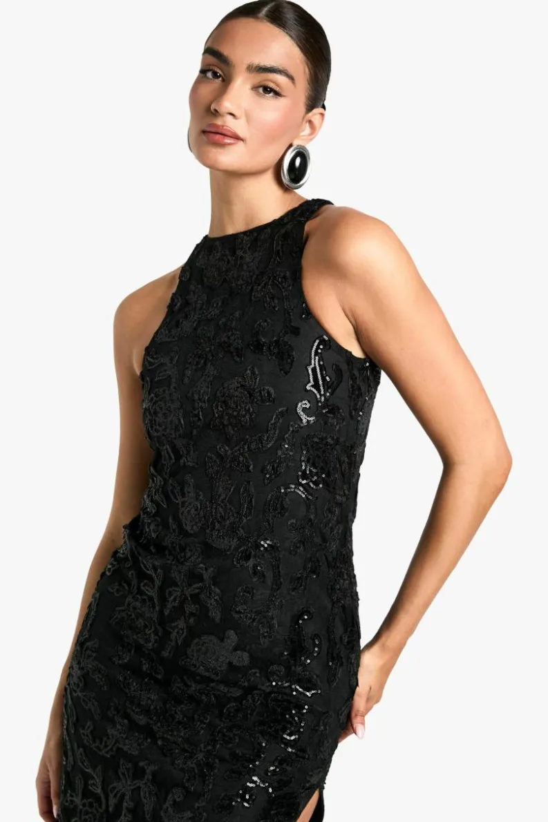 Maxi Dresses*boohoo Racer Neck Velvet Lace Demask Maxi Dress black
