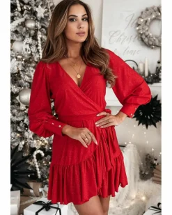 Wrap Dresses*Azura Exchange Racing Tinsel Buttoned Bishop Sleeve Surplice Neck Ruffled Mini Red