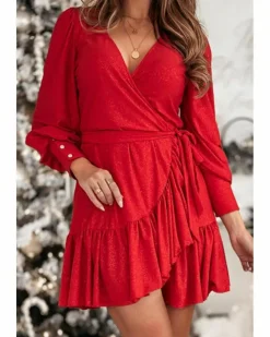 Wrap Dresses*Azura Exchange Racing Tinsel Buttoned Bishop Sleeve Surplice Neck Ruffled Mini Red