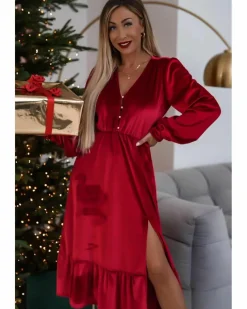 Midi Dresses*Azura Exchange Racing Velvet Buttoned Puff Sleeve V Neck Split Midi Dress Red