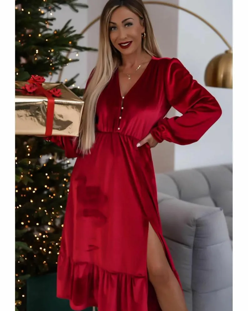 Midi Dresses*Azura Exchange Racing Velvet Buttoned Puff Sleeve V Neck Split Midi Dress Red