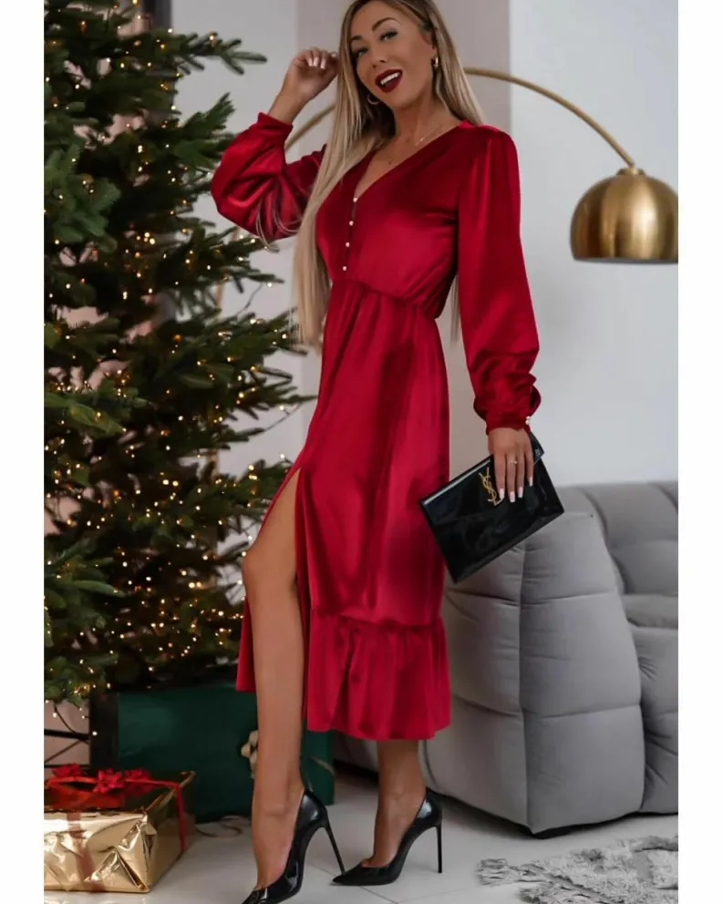 Midi Dresses*Azura Exchange Racing Velvet Buttoned Puff Sleeve V Neck Split Midi Dress Red