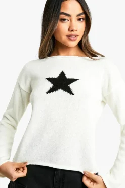 Jumpers|Jumpers & Cardigans*boohoo Raw Edge Knit Star Detail Varsity Jumper ecru