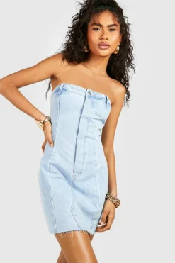 Mini Dresses|Denim*boohoo Raw Hem Seam Detail Bandeau Denim Mini Dress light blue