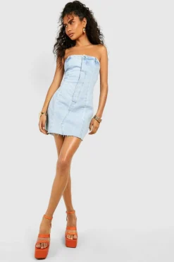 Mini Dresses|Denim*boohoo Raw Hem Seam Detail Bandeau Denim Mini Dress light blue