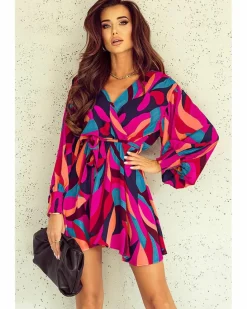 Wrap Dresses*Azura Exchange Abstract Printed Belted Puff Sleeve Mini Dress Red