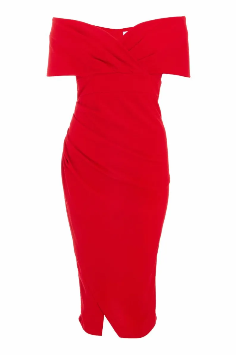 Wrap Dresses|Midi Dresses*Quiz Bardot Ruched Wrap Midi Dress Red