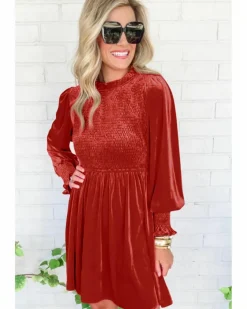 Smock Dresses*Azura Exchange Red Clay Frilled Neck Smocked Bodice Velvet Dress Multi