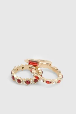 Rings*boohoo Red Diamante Ring 3 Pack gold