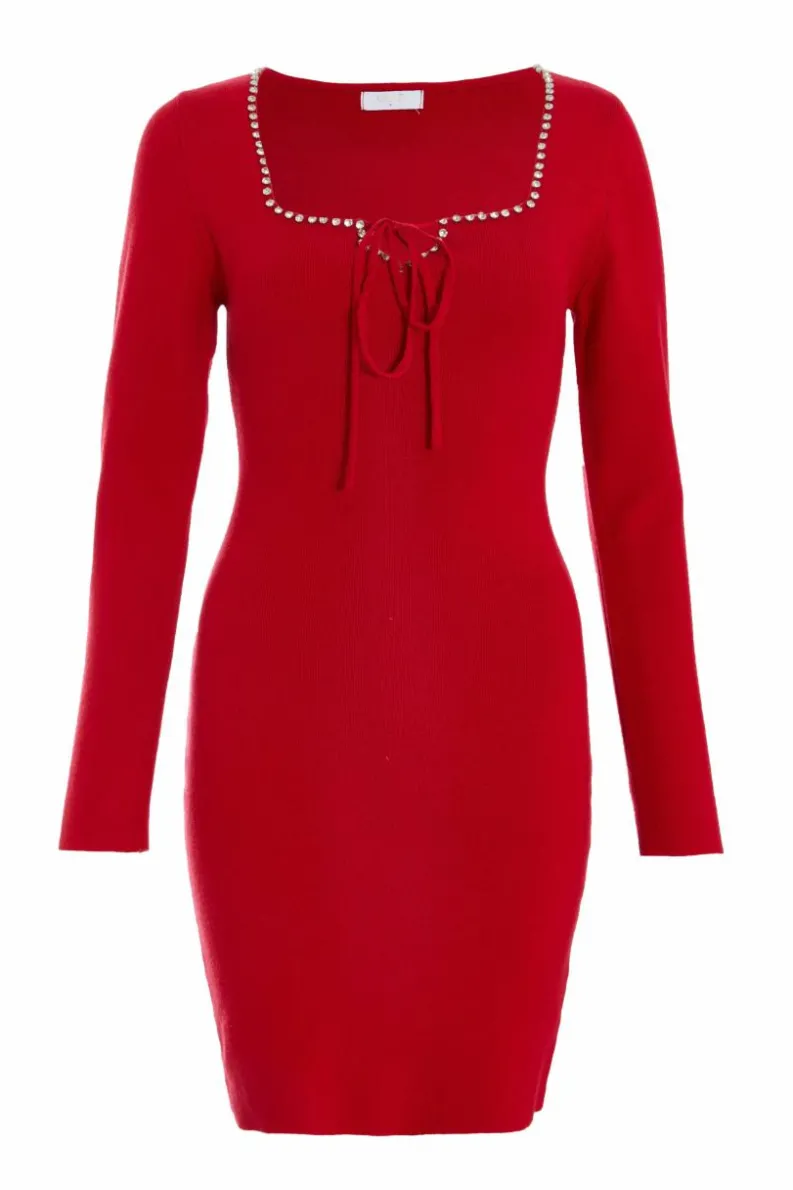 Jumper Dresses|Jumper Dresses*Quiz Diamante Trim Jumper Dress Red