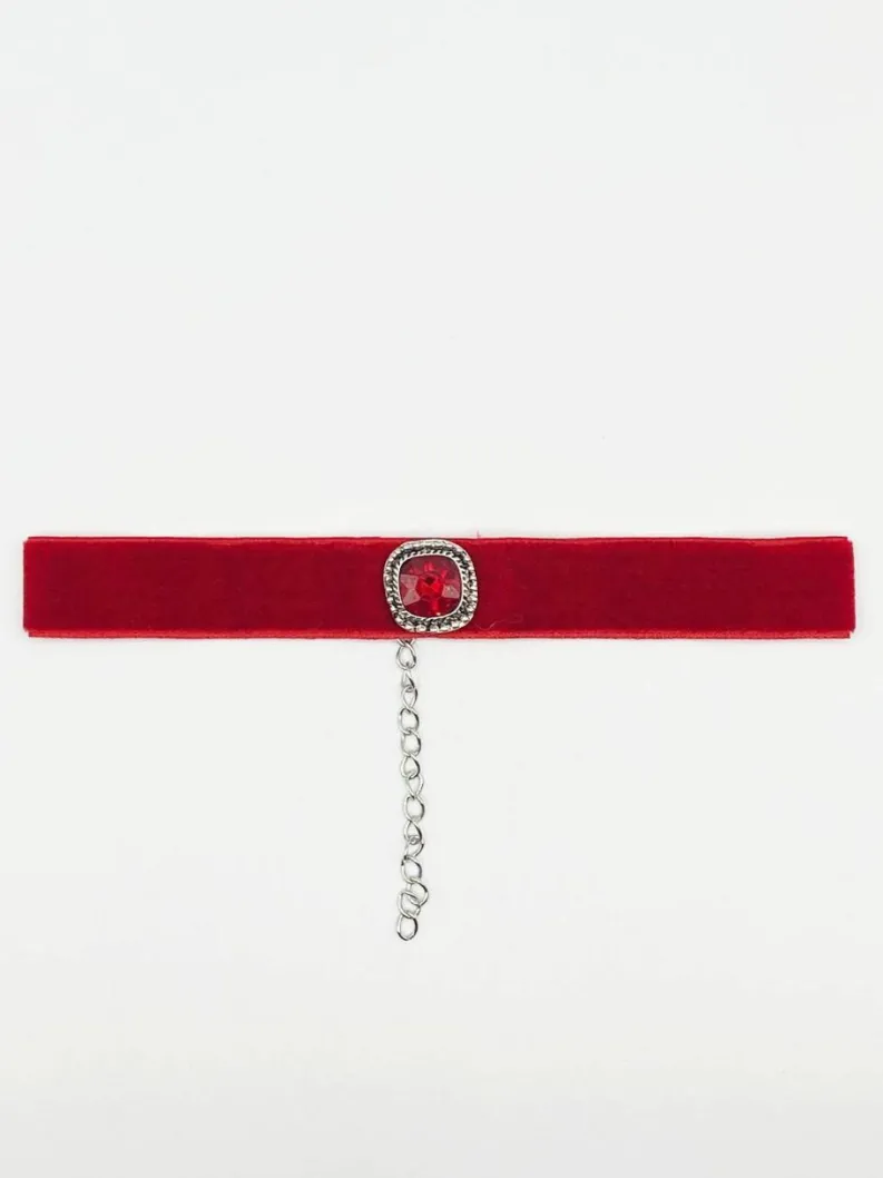 Necklaces*SVNX Faux Velvet Choker Necklace with Jewel Red