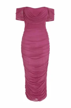Midi Dresses*Quiz Mesh Bardot Ruched Midi Dress Red