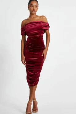 Midi Dresses*Quiz Velvet Ruched Midi Dress Red