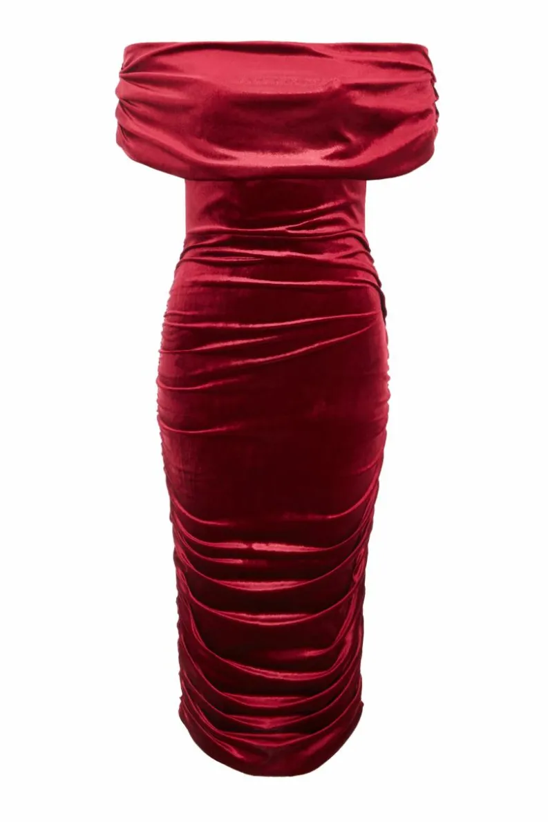 Midi Dresses*Quiz Velvet Ruched Midi Dress Red