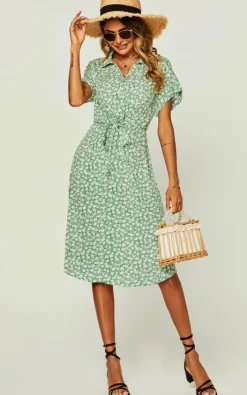 Shirt Dresses|Midi Dresses*FS Collection Relaxed Floral Print Button Down Midi Shirt Dress Green