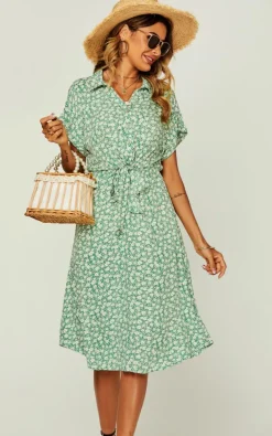 Shirt Dresses|Midi Dresses*FS Collection Relaxed Floral Print Button Down Midi Shirt Dress Green