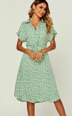 Shirt Dresses|Midi Dresses*FS Collection Relaxed Floral Print Button Down Midi Shirt Dress Green