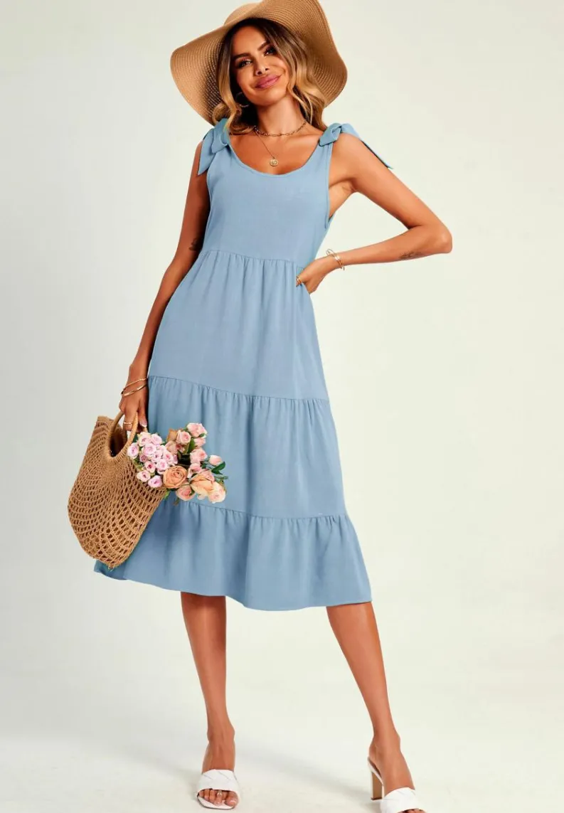 Midi Dresses*FS Collection Relaxed Linen Self Tie Shoulder Tiered Midi Dress In Light Blue