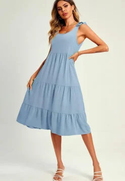 Midi Dresses*FS Collection Relaxed Linen Self Tie Shoulder Tiered Midi Dress In Light Blue