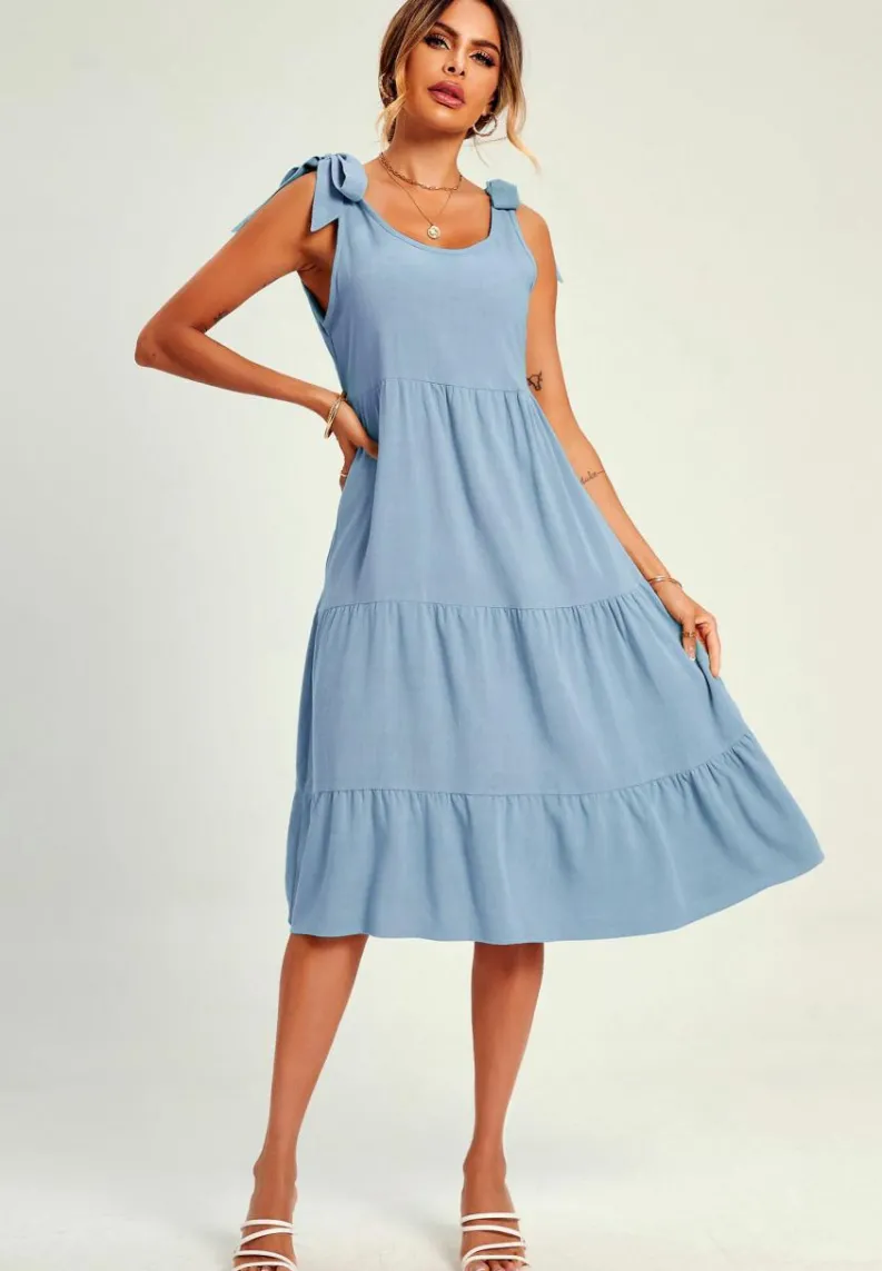 Midi Dresses*FS Collection Relaxed Linen Self Tie Shoulder Tiered Midi Dress In Light Blue