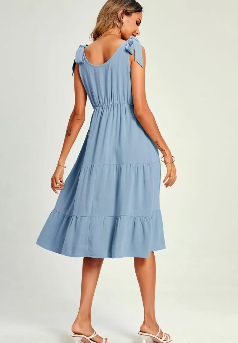 Midi Dresses*FS Collection Relaxed Linen Self Tie Shoulder Tiered Midi Dress In Light Blue