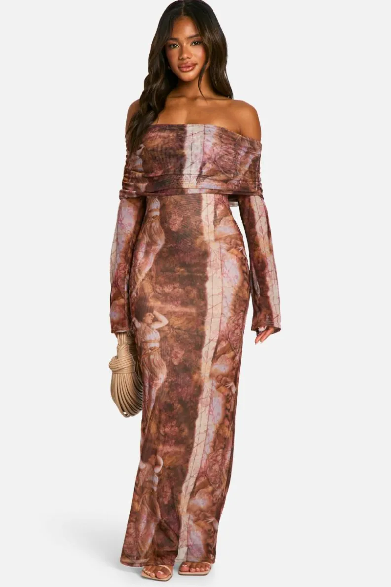 Maxi Dresses|Long Sleeve Dresses*boohoo Renaissance Bardot Mesh Maxi Dress multi