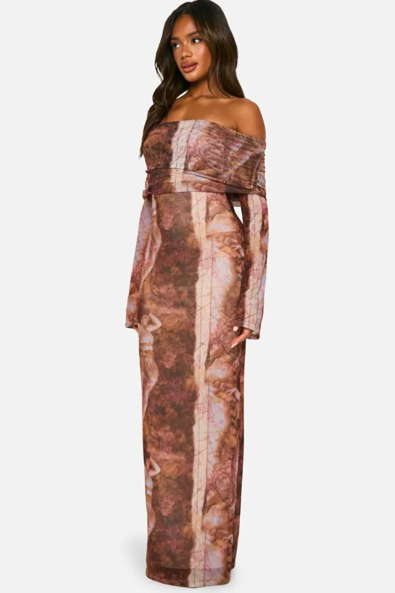 Maxi Dresses|Long Sleeve Dresses*boohoo Renaissance Bardot Mesh Maxi Dress multi
