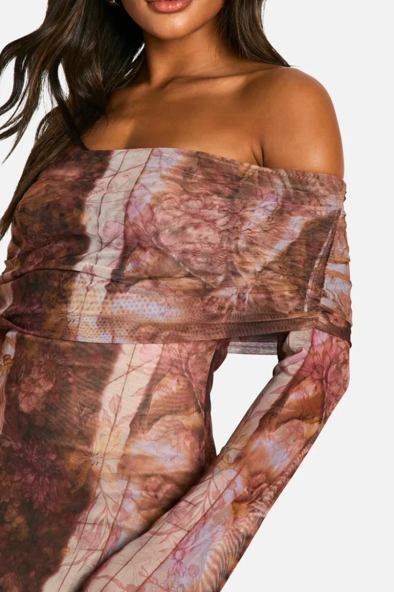 Maxi Dresses|Long Sleeve Dresses*boohoo Renaissance Bardot Mesh Maxi Dress multi