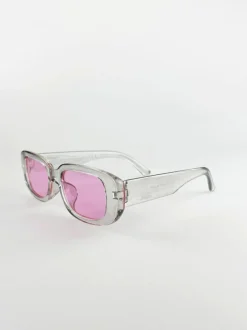 Sunglasses*SVNX Retro Rectangle Sunglasses With Pink Lenses and Light Grey Frame Multi
