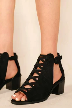 Sandals*Where's That From Reydah' Mid High Block Heel Sandals With Peep Toe & Criss Cross Detail Black