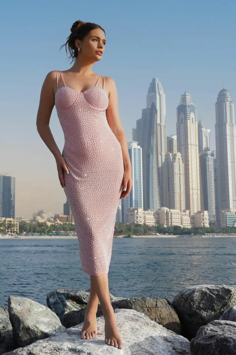 Bodycon Dresses|Midi Dresses*Quiz Rhinestone Bodycon Midi Dress Pink