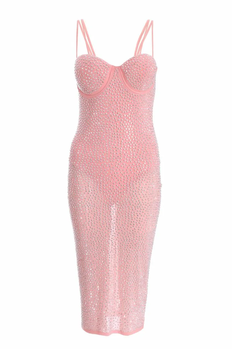 Bodycon Dresses|Midi Dresses*Quiz Rhinestone Bodycon Midi Dress Pink
