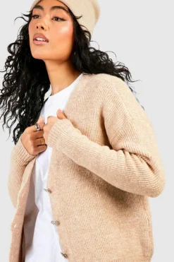 Cardigans*boohoo Rhinestone Button Soft Knit Slouchy Cardigan camel