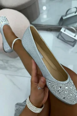 Flats*Love Lemonade Rhinestone Embellished Dolly Shoes Silver