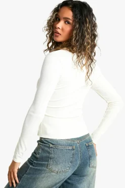 Long Sleeve Tops*boohoo Rib Asym Front Long Sleeve top cream