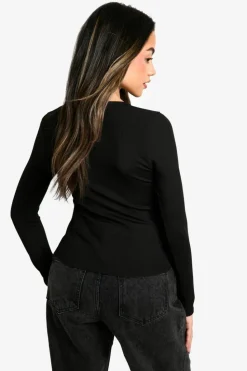 Long Sleeve Tops*boohoo Rib Asym Front Long Sleeve top true black