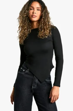 Long Sleeve Tops*boohoo Rib Asym hem long sleeve top black