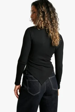 Long Sleeve Tops*boohoo Rib Asym hem long sleeve top black