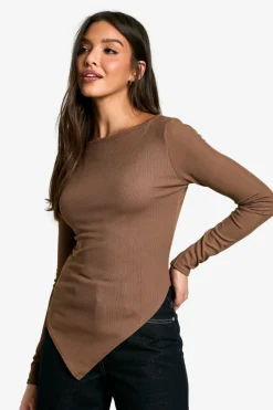 Long Sleeve Tops*boohoo Rib Asym hem long sleeve top chocolate